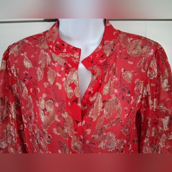 Ba&sh/ Tanama Printed Silk Blend Blouse/ Red and Metallic Gold/ Size US XS - Picture 6 of 15